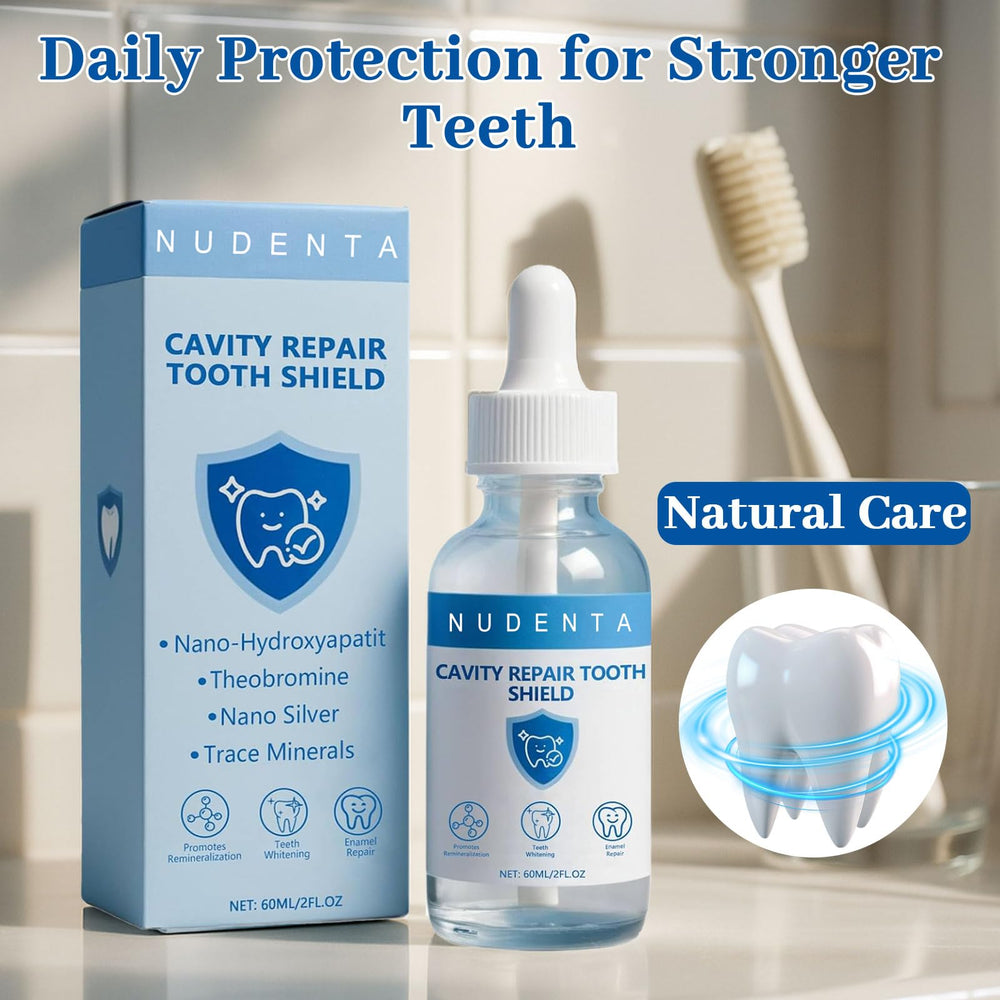 Tuyapio Nudenta Odontic Repair application on teeth shown for remineralization routine.