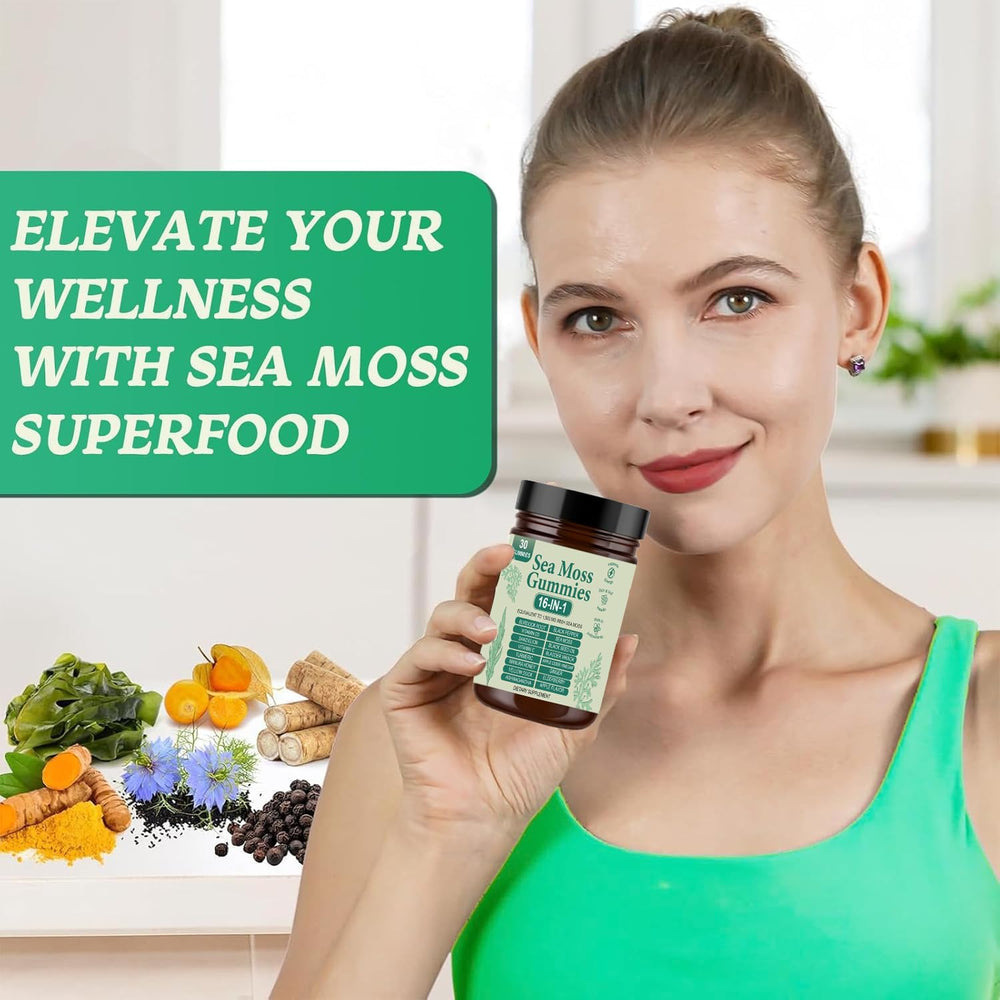 Tuyapio Sea Moss Gummies 16 in 1 close-up with green apple flavor.