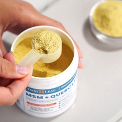 Front view of Twig & Leaf MSM Quercetin Powder tub signals premium wellness.