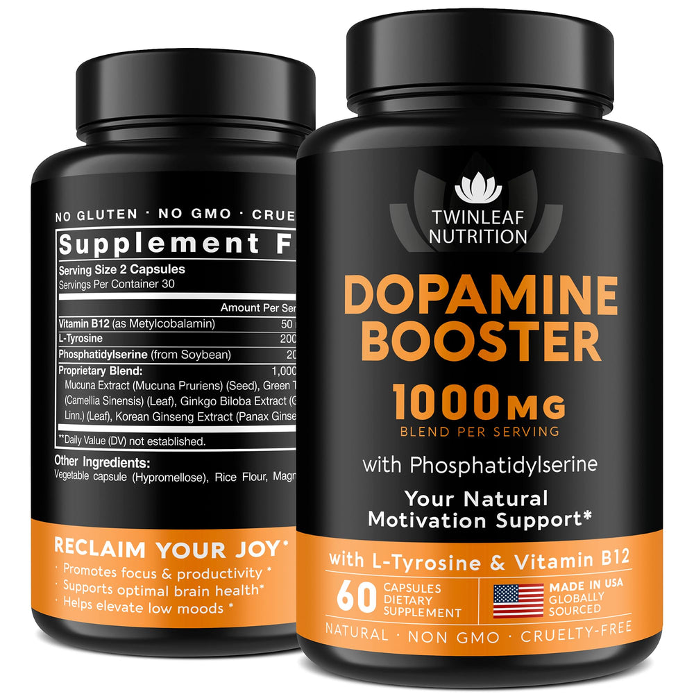 TwinLeaf Nutrition dopamine brain support bottle close-up showing capsules for daily focus.