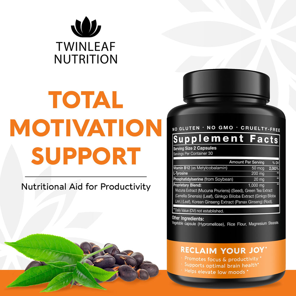 TwinLeaf Nutrition dopamine capsules close-up highlighting easy daily use for focus.