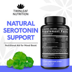 Twinleaf Serotonin ingredients panel showing 5-HTP, L-tryptophan, GABA, and B vitamins.