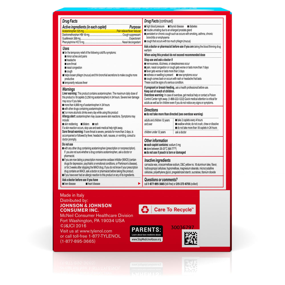 Tylenol Cold Flu Severe caplets showing cough and mucus relief.