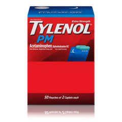 Tylenol PM Extra Strength caplets shown for nighttime pain relief and sleep support.