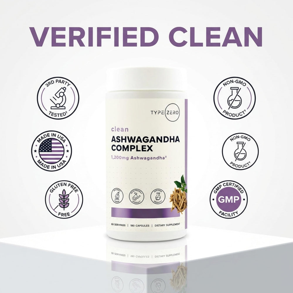 Type Zero Ashwagandha bottle with turmeric highlights the synergistic blend.