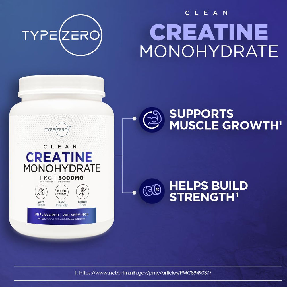 Type Zero Creatine Monohydrate jar beside glass of water ready to mix