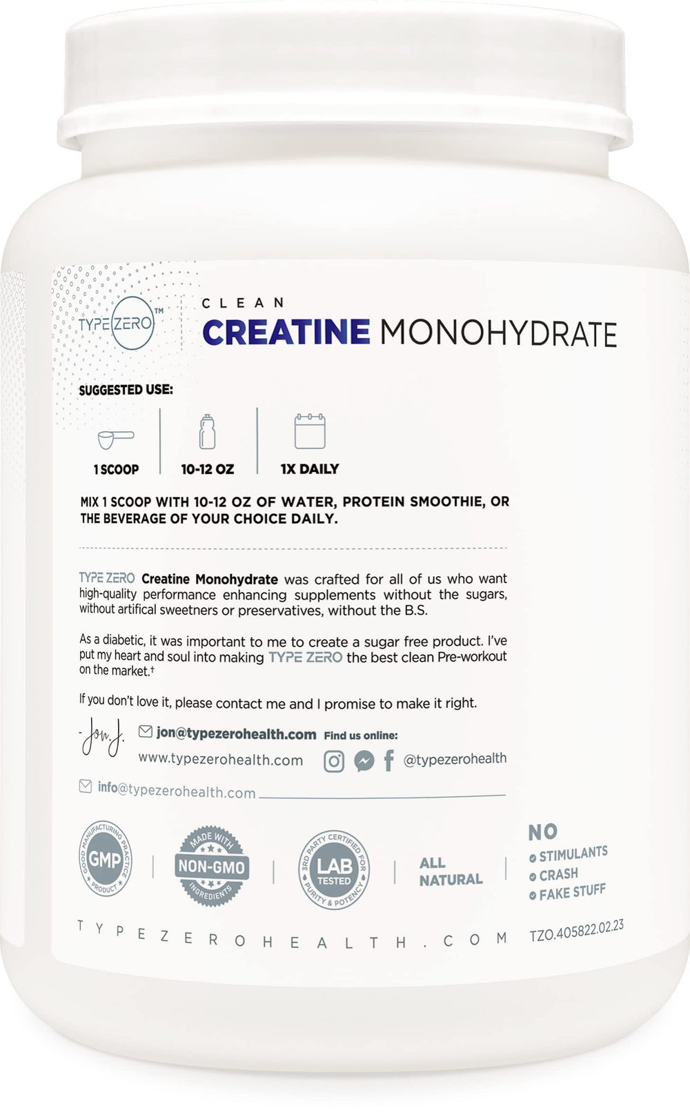 Type Zero Creatine Monohydrate serving scoop included for precise 5 g portions