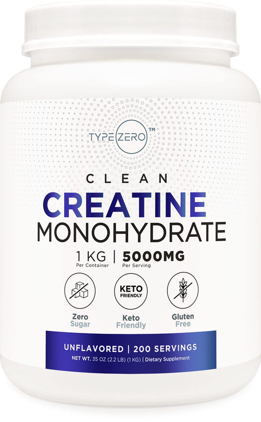 Type Zero Creatine Monohydrate unflavored bottle shows 1 kg for consistent dosing