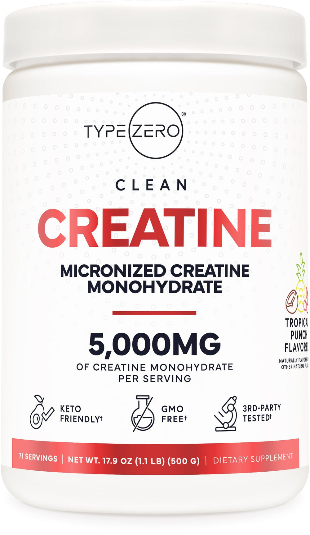 Type Zero Creatine Monohydrate Tropical Punch bottle for daily supplementation