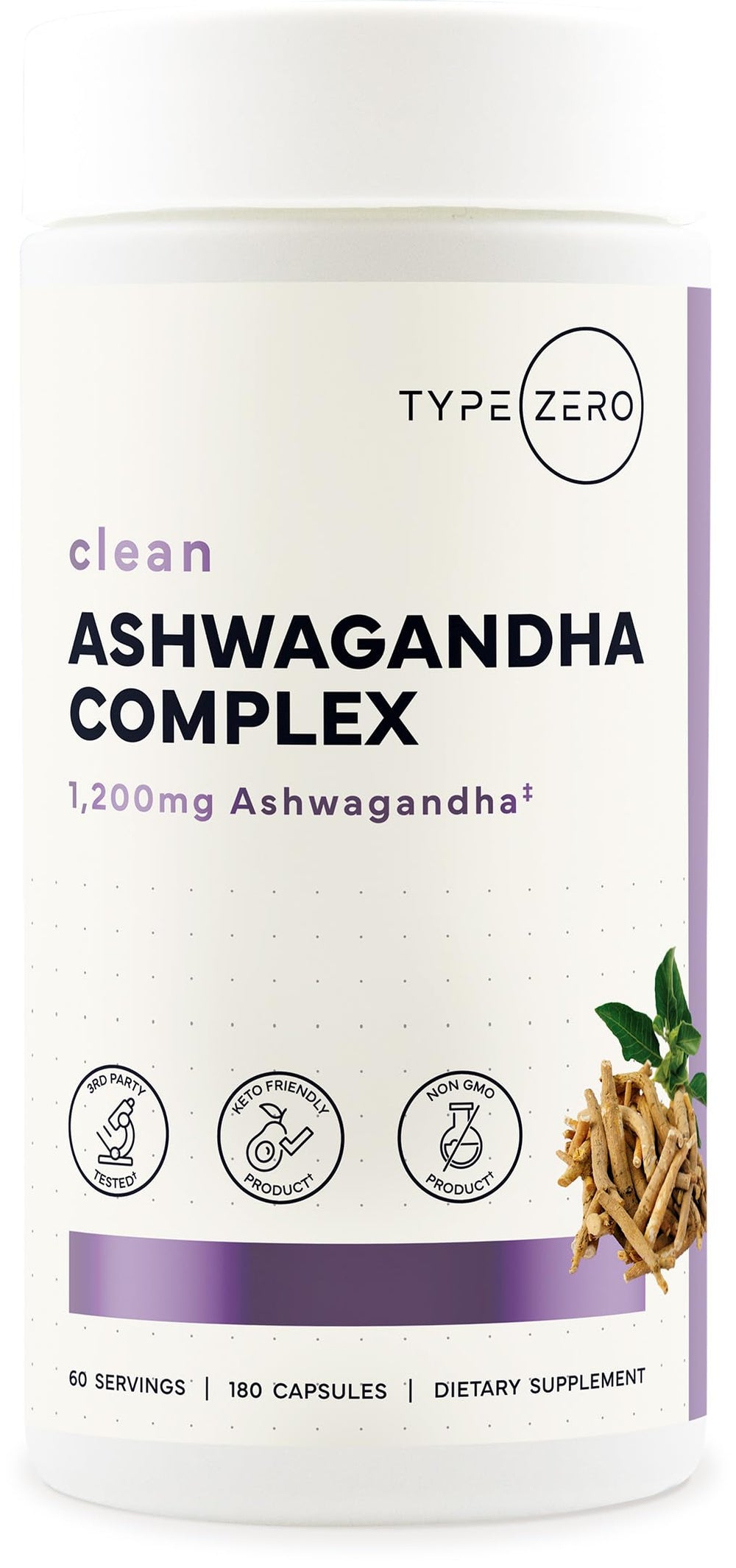 Type Zero KSM-66 Ashwagandha bottle front for daily wellness.