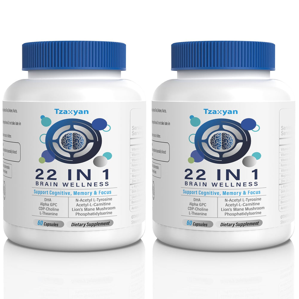 tzaxyan Brain Supplements bottle on white background for daily memory support.