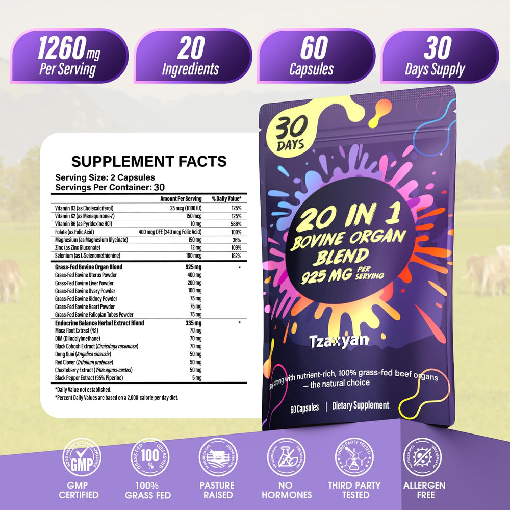 tzaxyan ingredients label close-up showing vitamins minerals and 21 components
