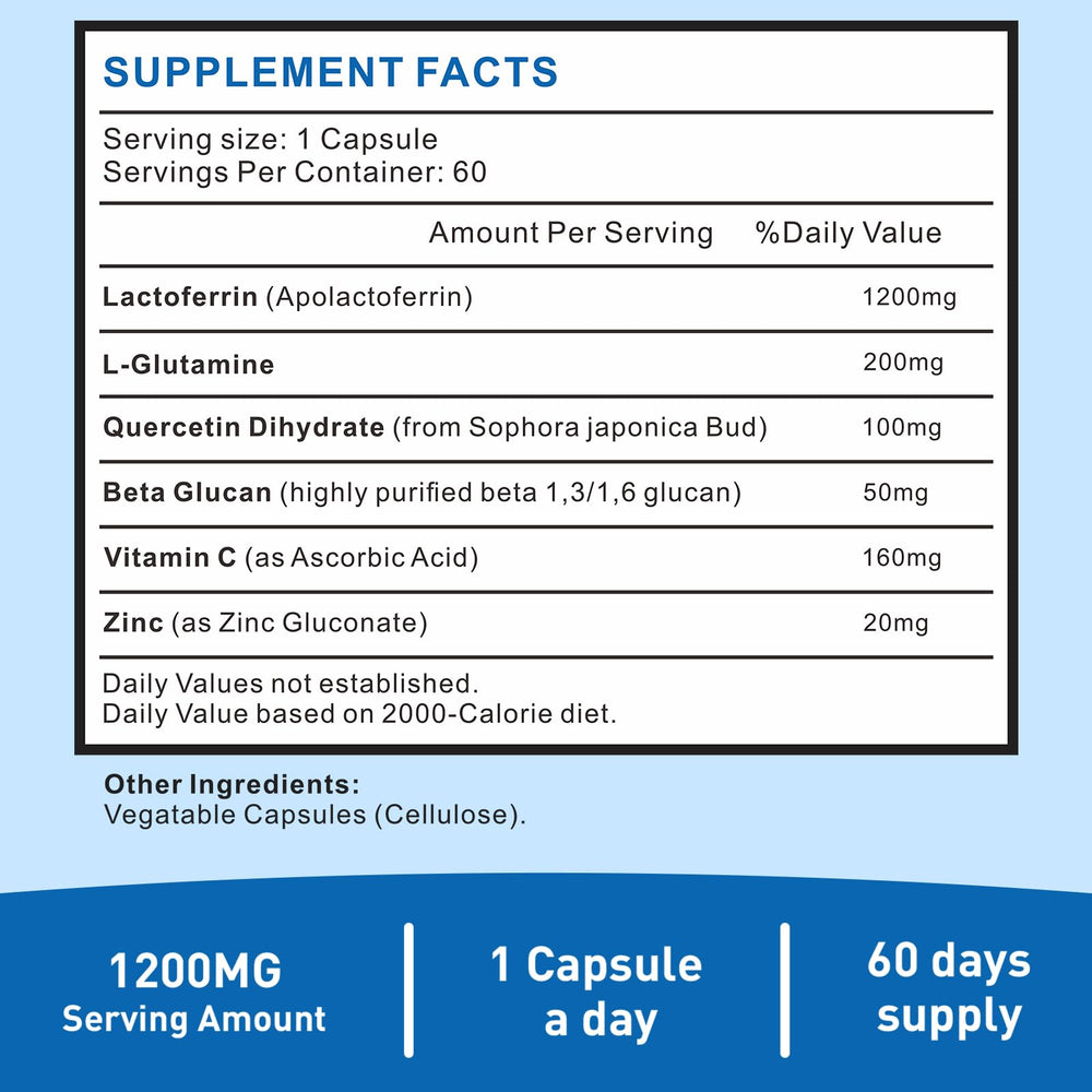 Uarcool Lactoferrin 1200mg bottle back label showing gluten-free vegetarian formula