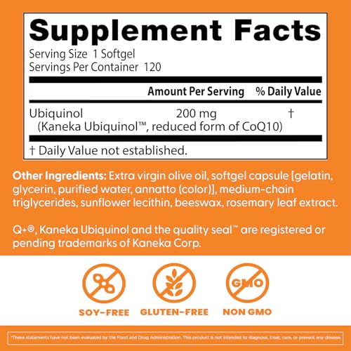 Ubiquinol 200 mg bottle label highlights non-GMO and gluten-free features.