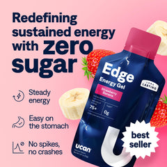 UCAN Edge strawberry banana gel shot open packet ready for on-the-go sipping