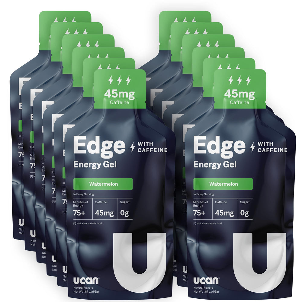 UCAN Edge watermelon gel packets for steady energy during workouts.