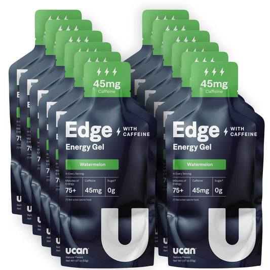 UCAN Edge watermelon gel packets for steady energy during workouts.