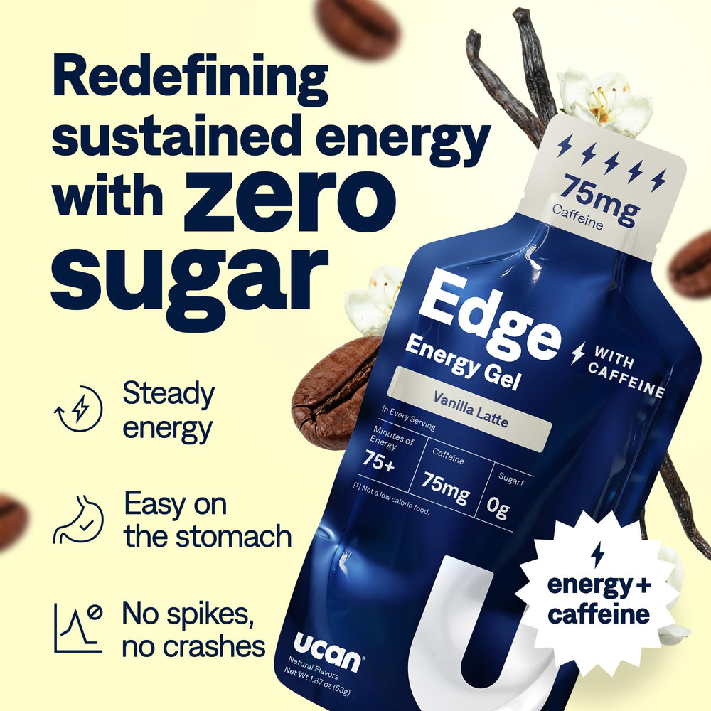 UCAN Edge Vanilla Latte energy shot pack back showing label and caffeine info
