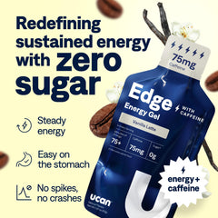 UCAN Edge Vanilla Latte energy shot pack back showing label and caffeine info