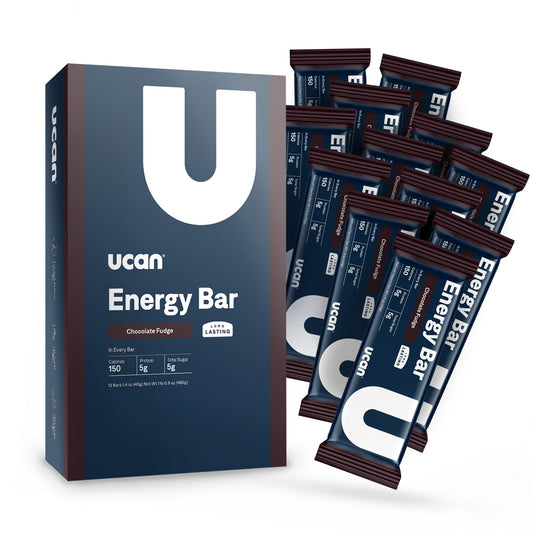 UCAN Energy Bar Chocolate Fudge pack shot highlighting a gluten-free, low-sugar snack.
