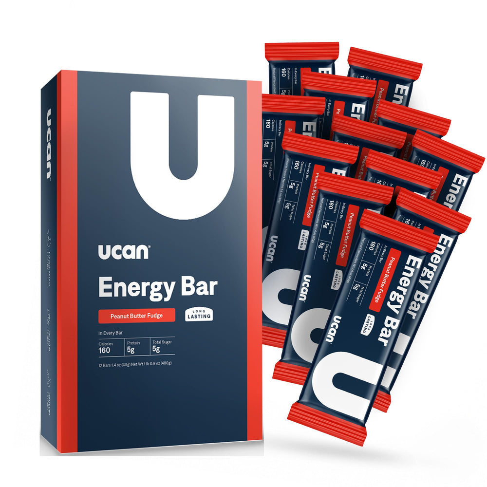 UCAN Energy Bar Peanut Butter Fudge packaging highlights all-natural ingredients for steady energy on the go