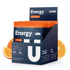 UCAN Energy Powder Tropical Orange jar showing keto-friendly, sugar-free workout fuel for athletes