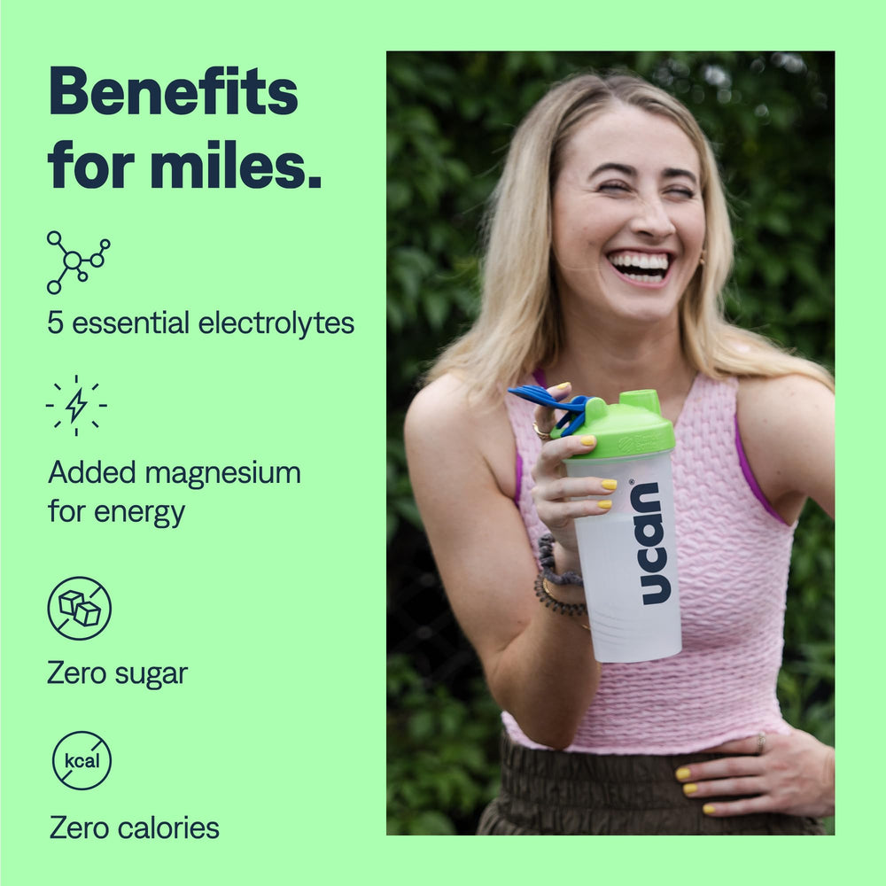 UCAN Hydrate powder scoop showing convenient zero-sugar electrolyte refreshment.
