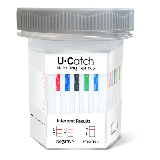 U Catch Plus 12-panel test cup showing quick at-home drug screening results.