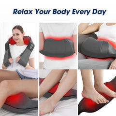 UFFAE Grey Shiatsu Massager shows three-speed settings and auto-reverse rotation.