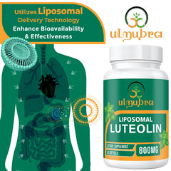 Ulmubra liposomal luteolin packaging on shelf communicates USA-made quality and clean ingredients.