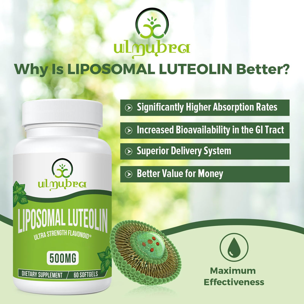 Close-up of Ulmubra liposomal luteolin softgels for easy swallowing.