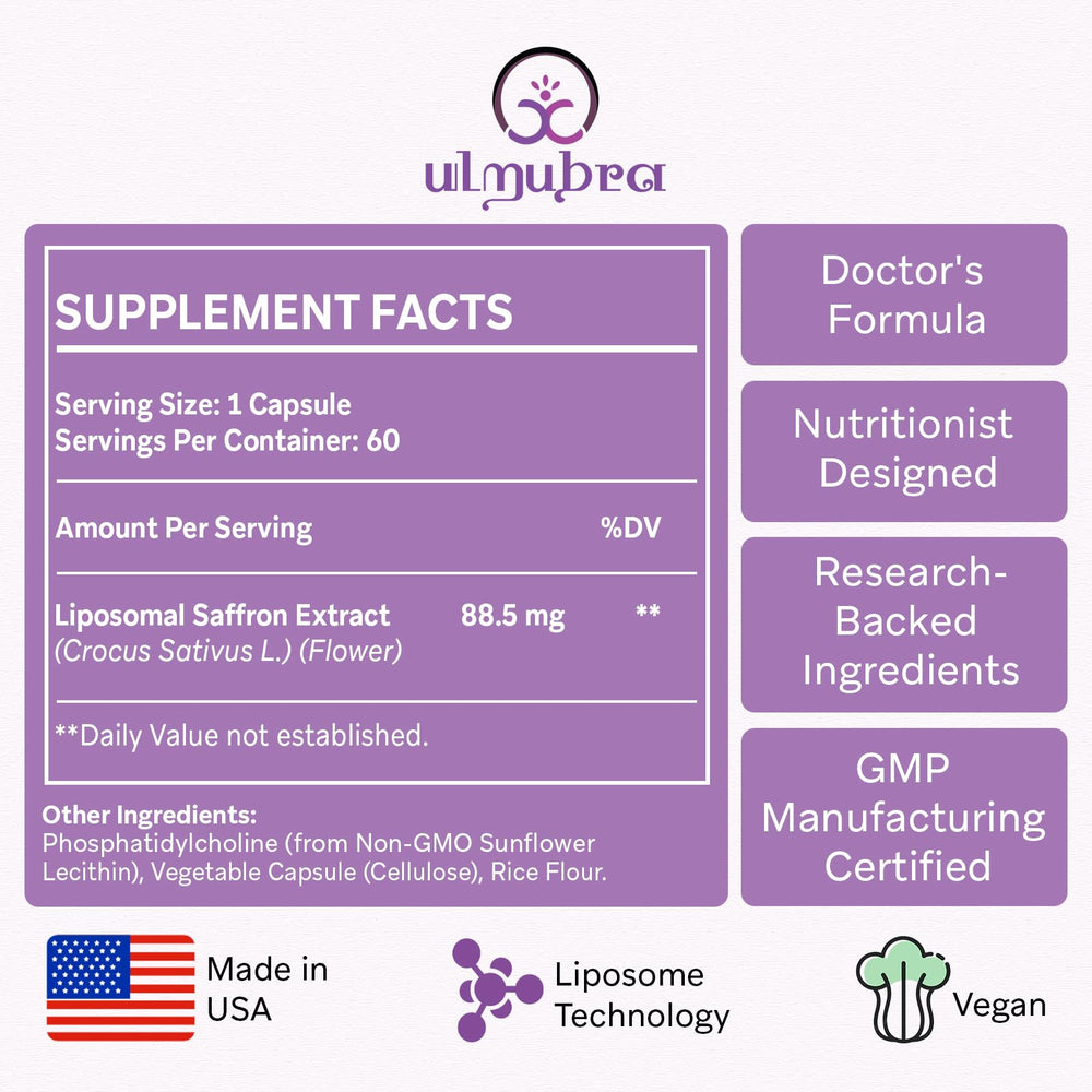 Ulmubra liposomal saffron capsules close-up showing vegan capsules for daily wellness.