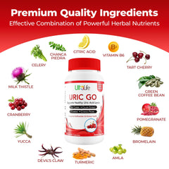 ULTALIFE Uric GO capsules closeup depicting easy-to-swallow vegan capsules for daily balance.