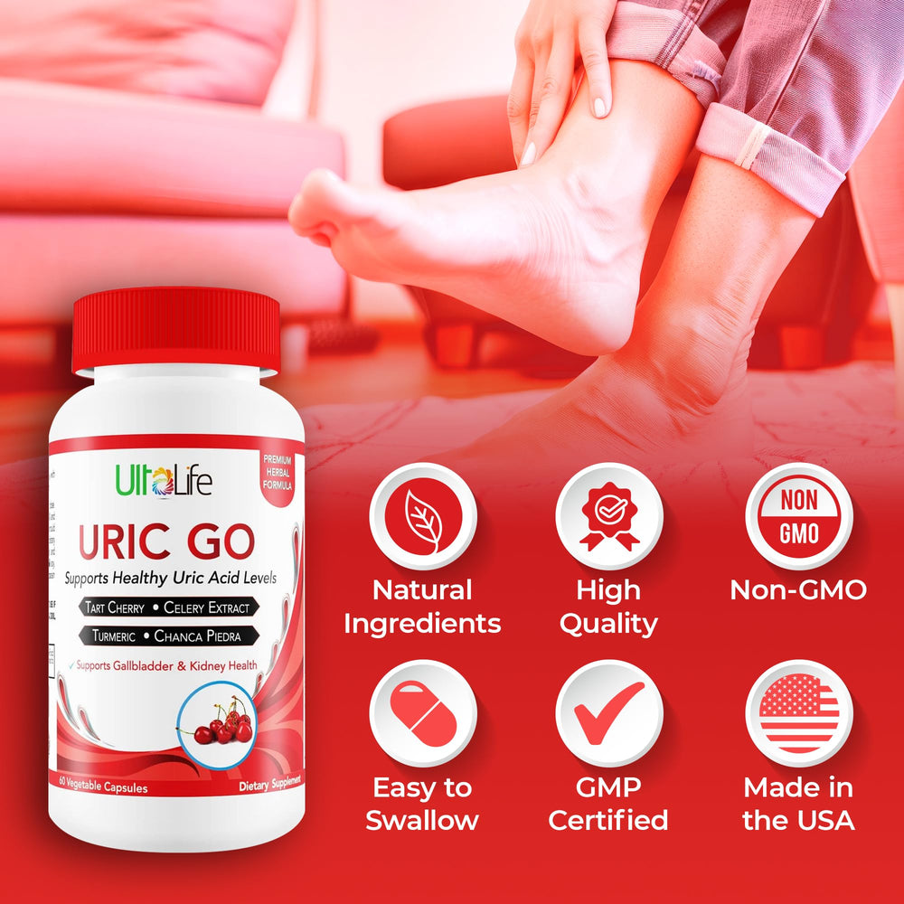 ULTALIFE Uric GO ingredients pack emphasizing Celery Seed and Turmeric for joint comfort and wellness.