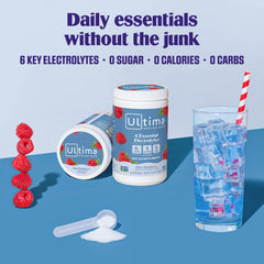 Ultima Replenisher daily electrolyte canister side; compact hydration for on-the-go use.