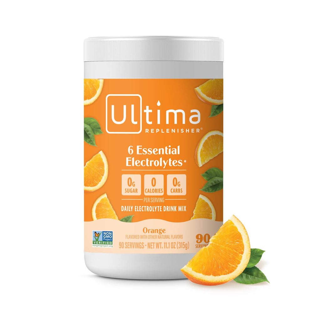 Ultima Replenisher daily electrolyte powder jar showing six key electrolytes for balanced hydration.