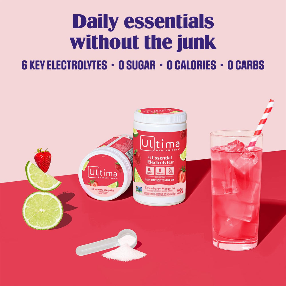 Ultima Replenisher scoop ready to mix into 16 oz water for daily hydration.