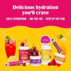 Ultima Replenisher orange flavor dissolving in water for citrus hydration.
