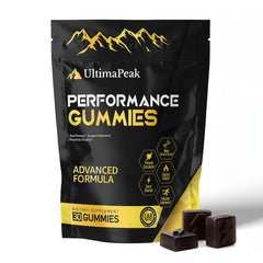 UltimaPeak Shilajit Gummies bottle on table, ready for daily energy and focus.