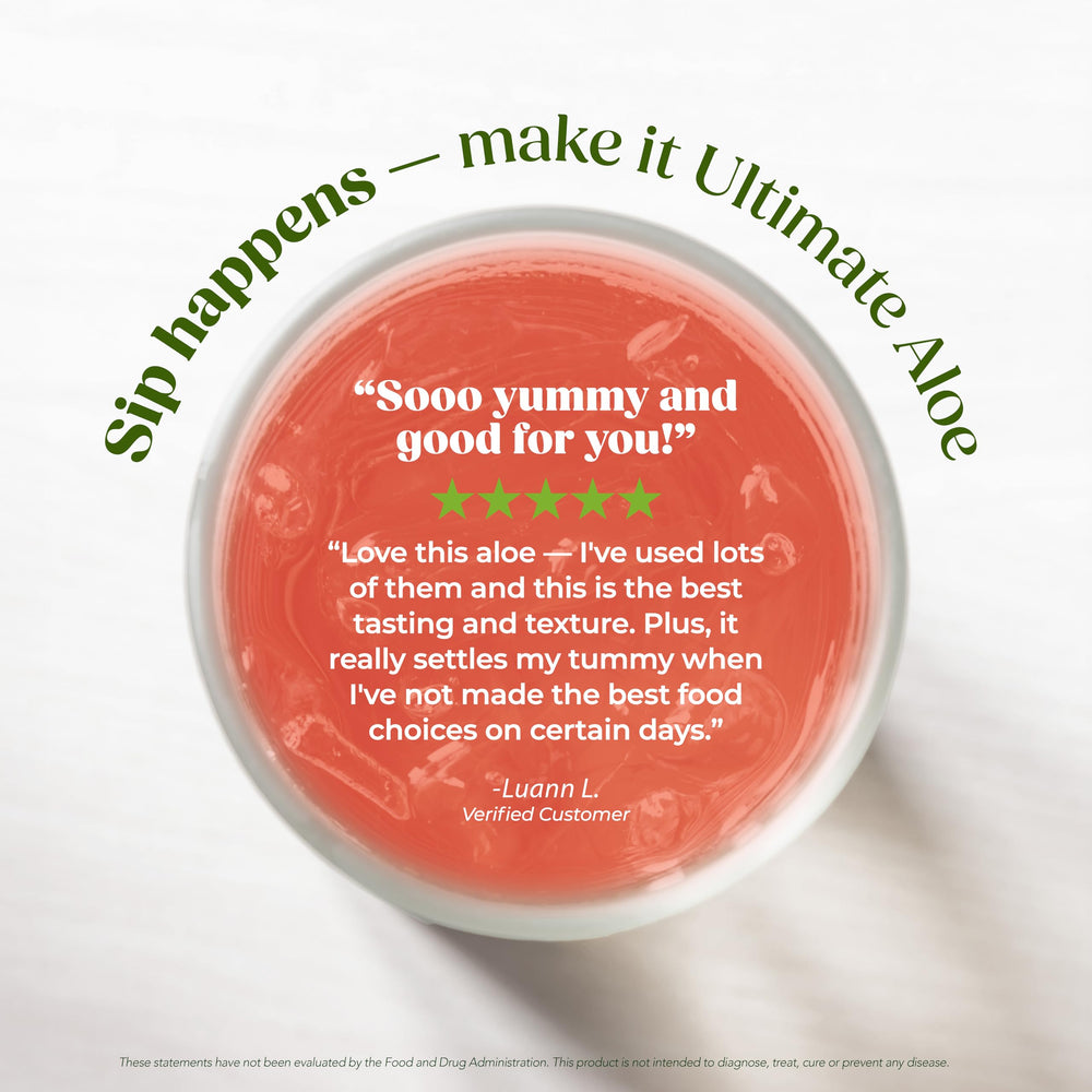 Ultimate Aloe label closeup highlighting 200+ nutrients for vitality.