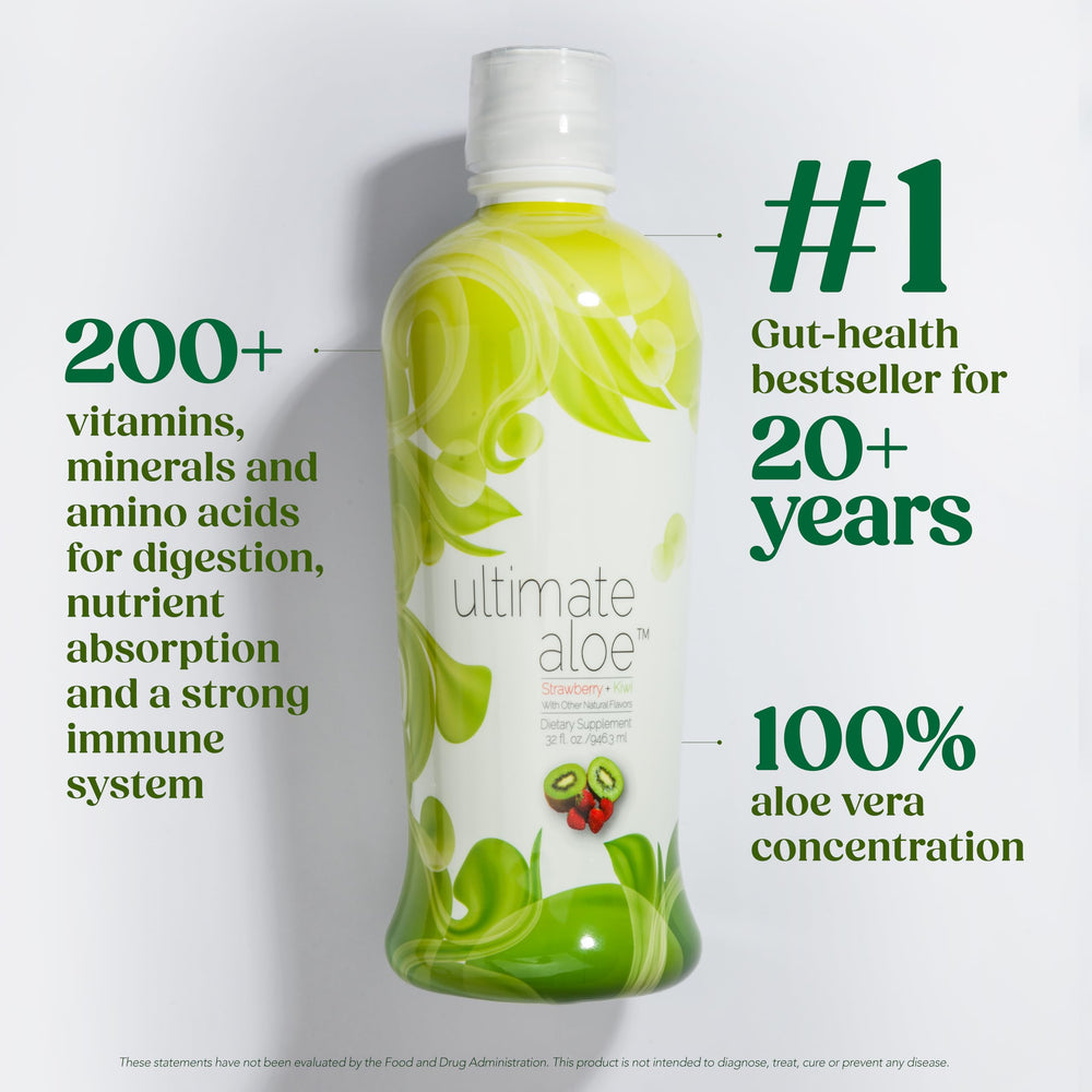 Ultimate Aloe pour showing strawberry kiwi flavor for daily wellness.