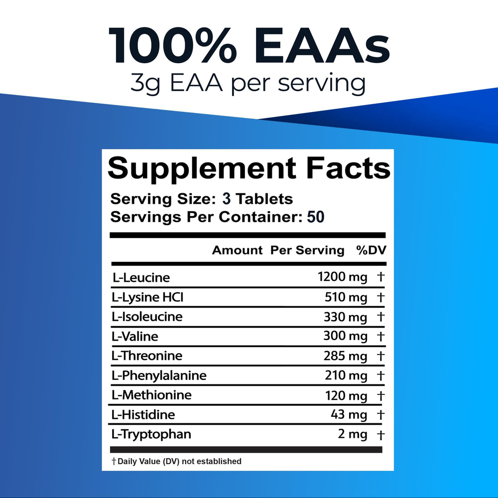 Close-up of Ultimate EAA tablets highlighting easy-to-swallow vegan formula