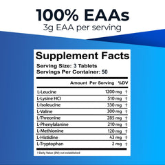 Close-up of Ultimate EAA tablets highlighting easy-to-swallow vegan formula