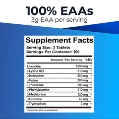 Ultimate EAA tablets closeup highlights easy-to-swallow keto and vegetarian tablets.