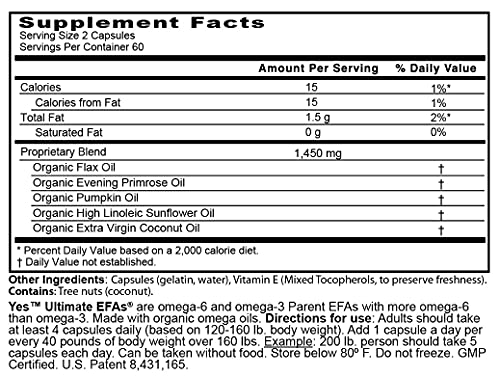 Ultimate EFAs YES capsules closeup highlighting burpless, toxin-free plant-based formula.