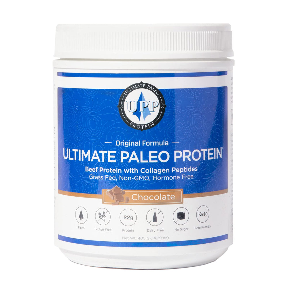 Ultimate Paleo Protein bottle in chocolate flavor for fueling workouts with grass-fed beef protein