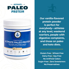 Ultimate Paleo Protein collagen-mix closeup suggests smooth shakes.