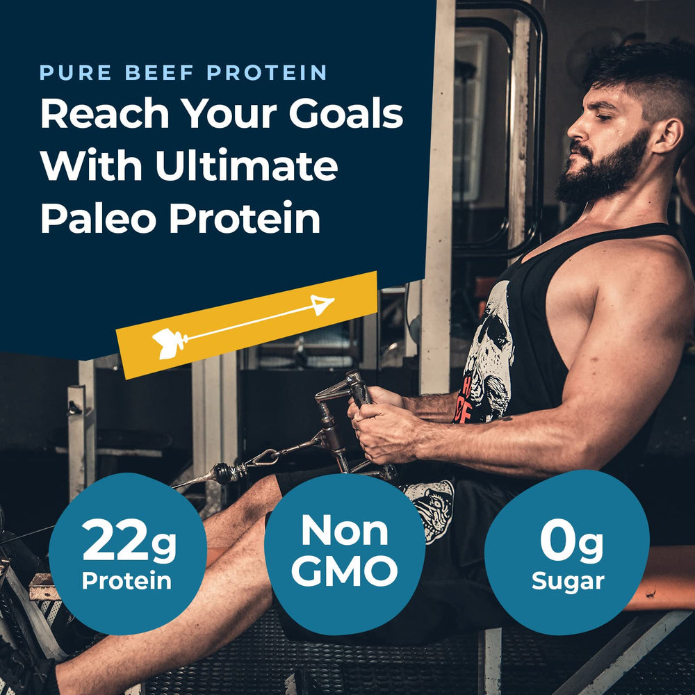 Ultimate Paleo Protein ingredients list with grass-fed beef and collagen visuals.
