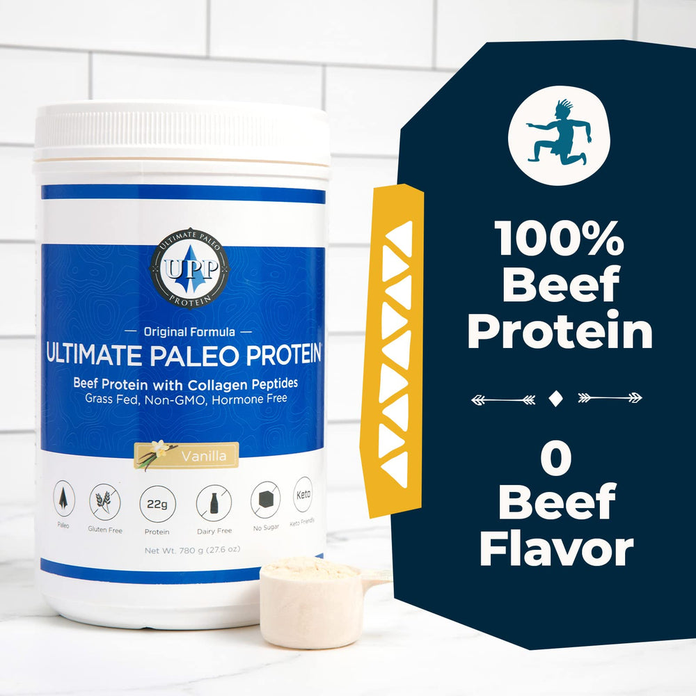 Ultimate Paleo Protein powder in bowl demonstrates sugar-free versatility for shakes and recipes