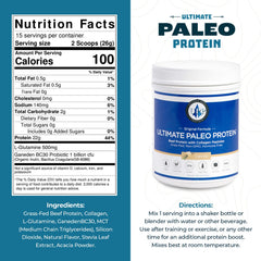 Ultimate Paleo Protein spoon scoop highlights 22g protein with collagen for workout support